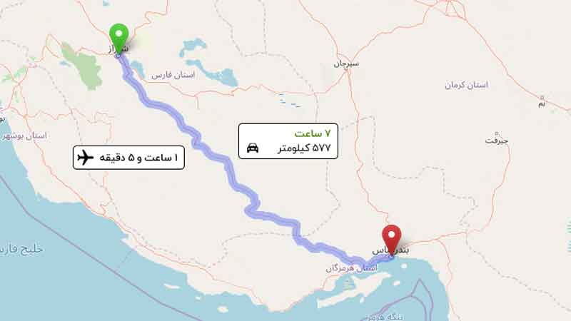 مسیر فاصله بندرعباس تا شیراز